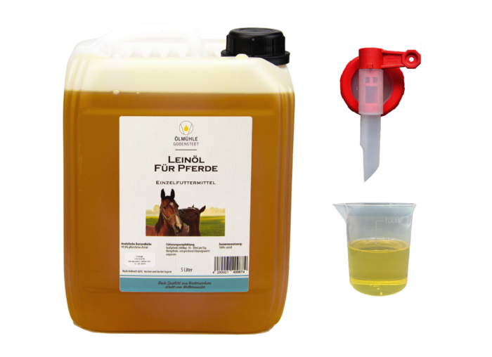 Leinöl für Pferde mit Auslaufhahn und Messbecher